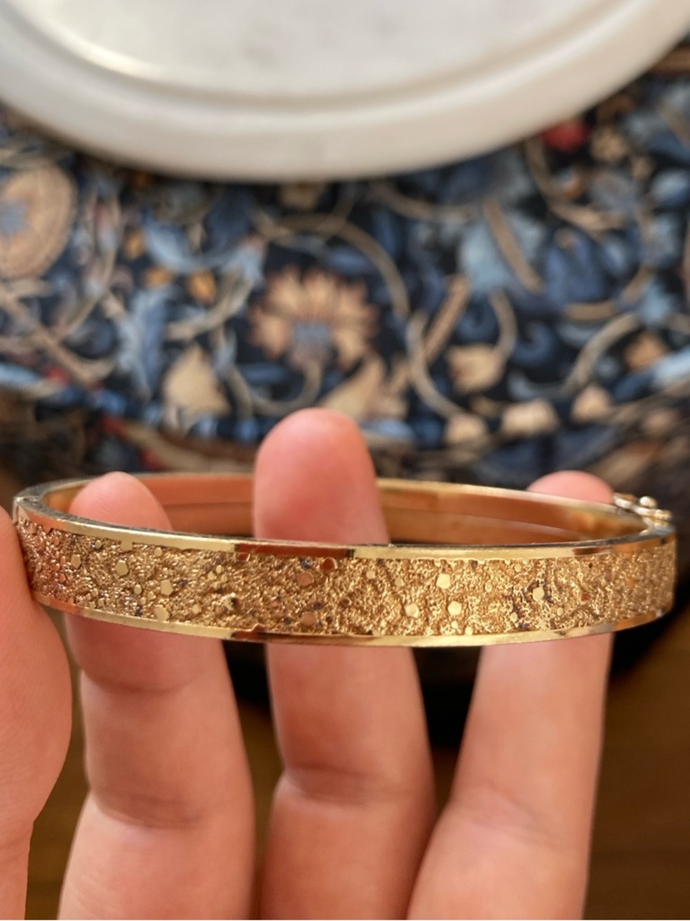 Antique Rolled Gold Ornate Textured Hinged Bangle Bracelet w/Maker’s Mark